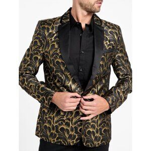 Guess Men’s Phinaes Printed Jacquard Blazer In Black With Metallic Gold Size M